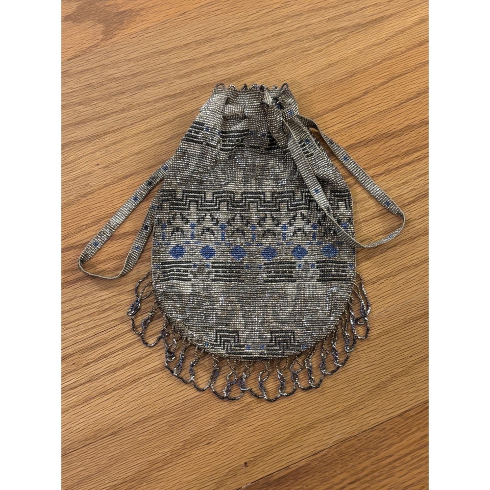 Antique Art Deco flapper Beaded Reticule Drawstring Bag Silver Blue 1920s era - Picture 3 of 8